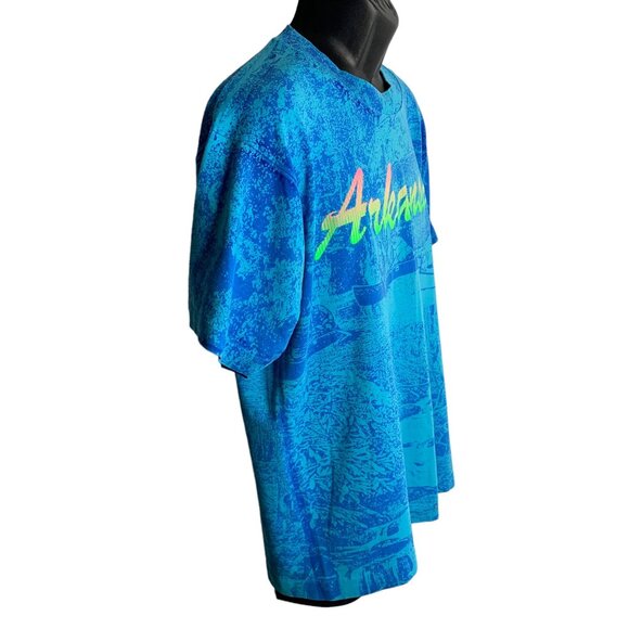 Vintage 90s All Over Print Arkansas T Shirt L Blue Crewneck Single Stitch River - Picture 2 of 6